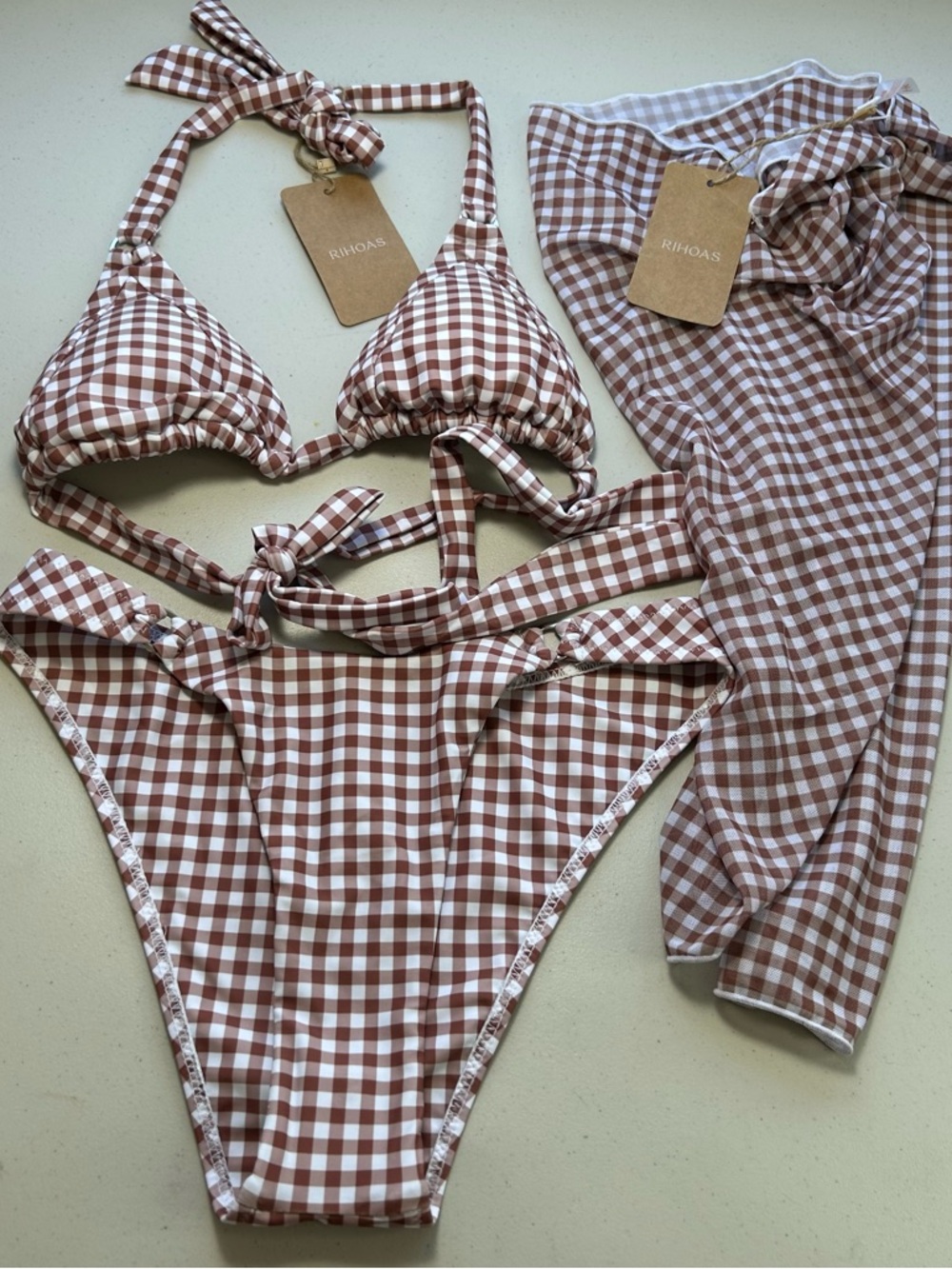 Rihoas Brown White Gingham 3 Piece Bikini Set Halter Triangle Top Small